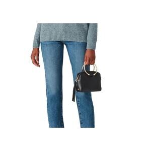 Milly Astor Suede Camera Crossbody Bag. Gold Metal Rings, Black, Tassel